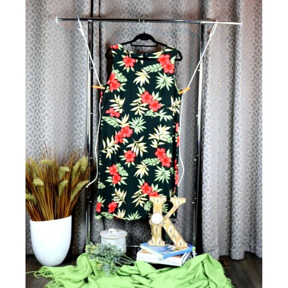 Vintage Tahiti Reef Club Sheath Dress. Black w/hibiscus flowers and palm fronds. - Picture 1 of 7
